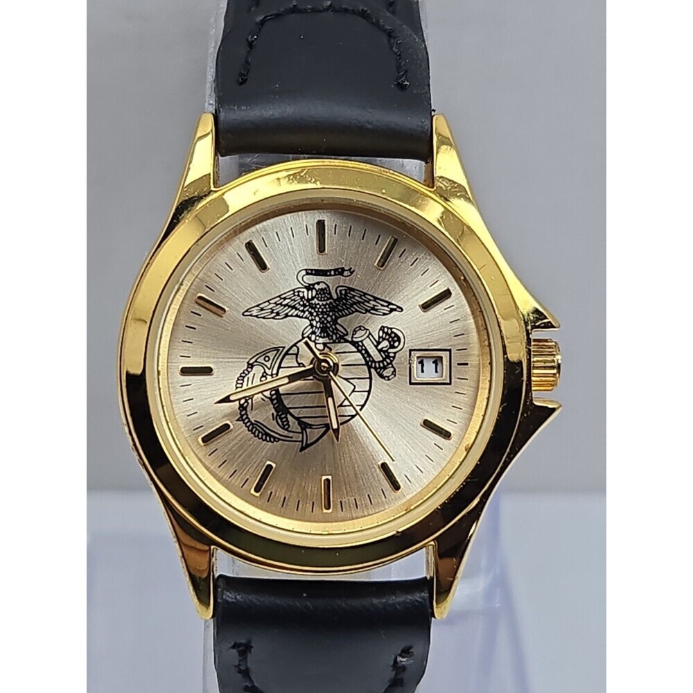 USMC Marine Corps EGA Gold Tone Womens Quartz Date Watch 29 MM Black New Battery - Picture 4 of 12